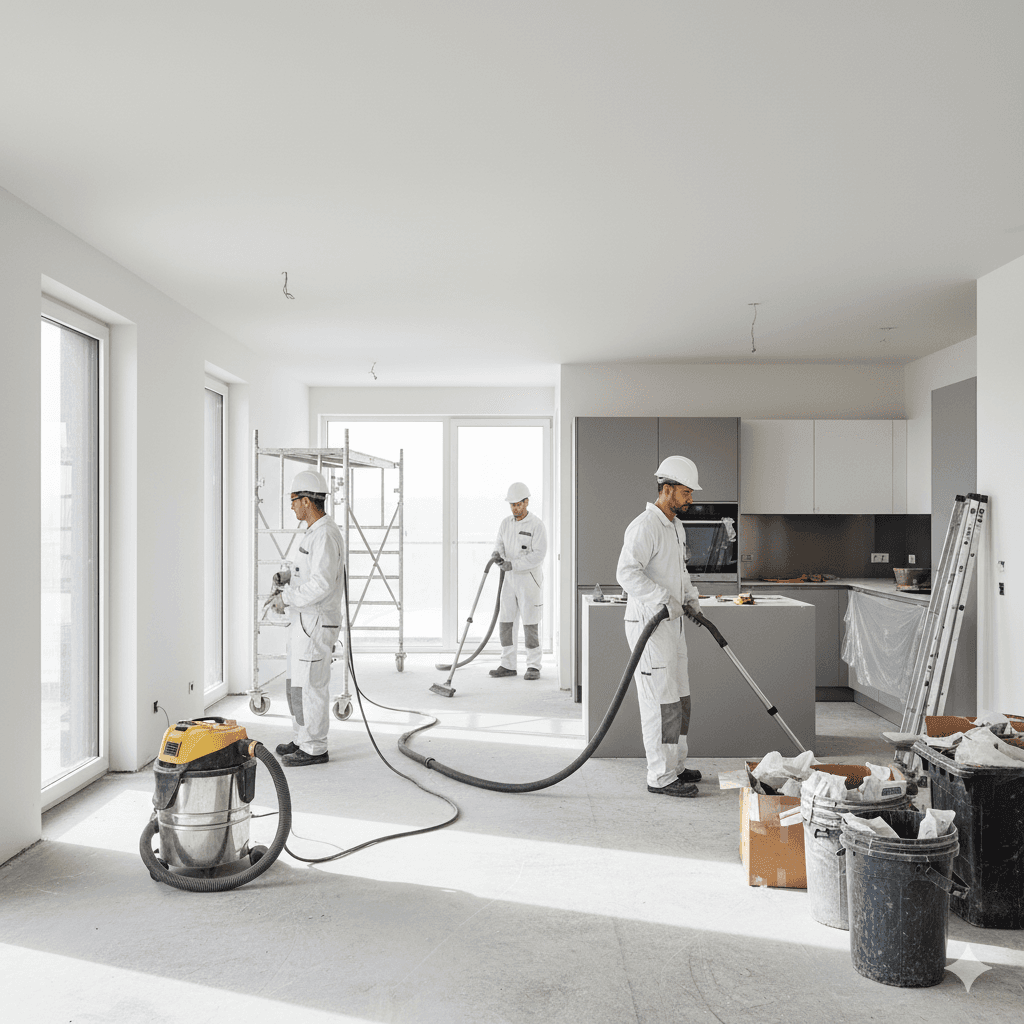 Reinigungsteam führt gründliche Bauendreinigung in heller Wohnung mit großen Fenstern nach Renovierungsarbeiten durch.