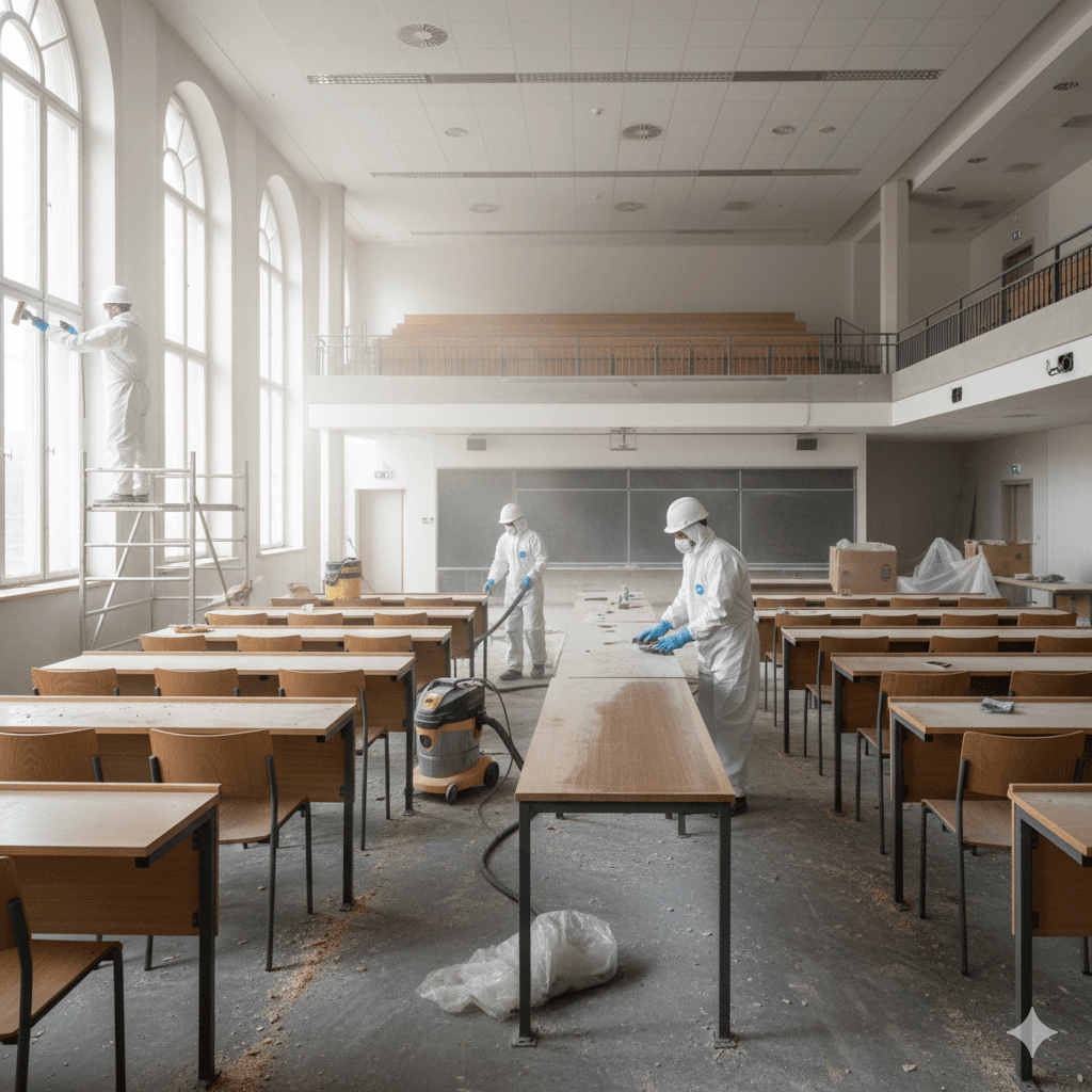 Professionelle Reinigungsfirma reinigt großen Veranstaltungssaal mit hohen Fenstern und Holztischen nach Bauarbeiten.