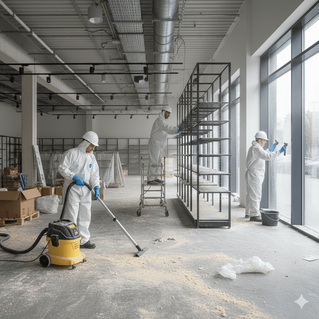 Industriehalle während der Bauendreinigung, Reinigungspersonal saugt Staub und Bauschutt mit Industriestaubsauger.