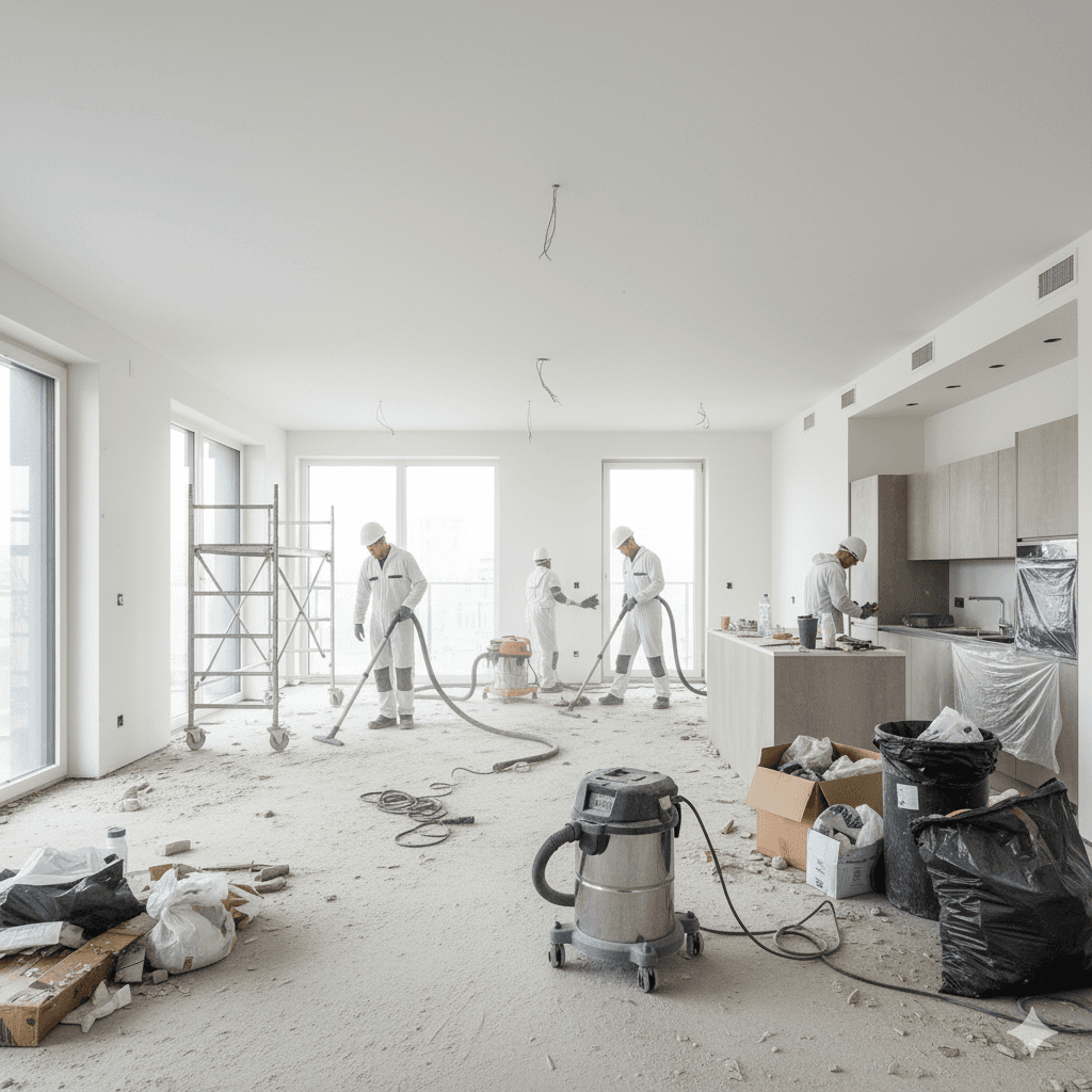 Bauendreinigungs-Service entfernt Staub, Schmutz und Verpackungsmaterial in renovierter Wohnung mit Tageslicht.