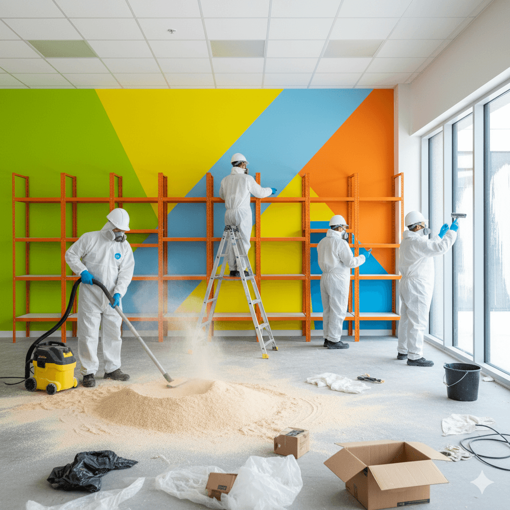 Reinigungsfirma führt Bauendreinigung in buntem Büroraum mit Regalen und frischen Farben nach Renovierung durch.