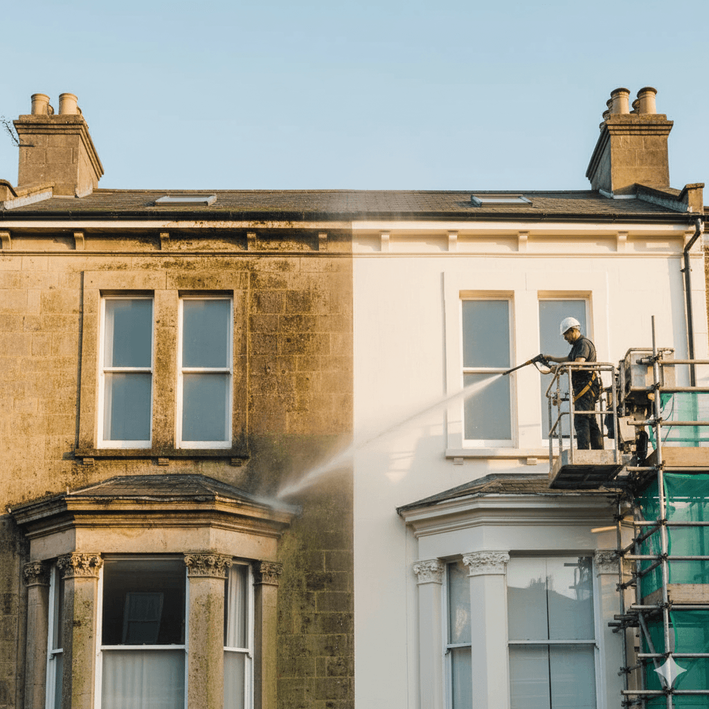 Professionelle Gebäudereiniger führen Fassadenreinigung an Altbau mit hellem Putz durch, Schmutz wird gründlich entfernt.