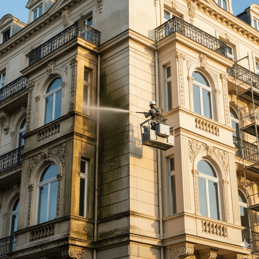 Reinigungsteam reinigt verzierte Hausfassade mit Hochdrucktechnik, professionelle Pflege historischer Gebäude.