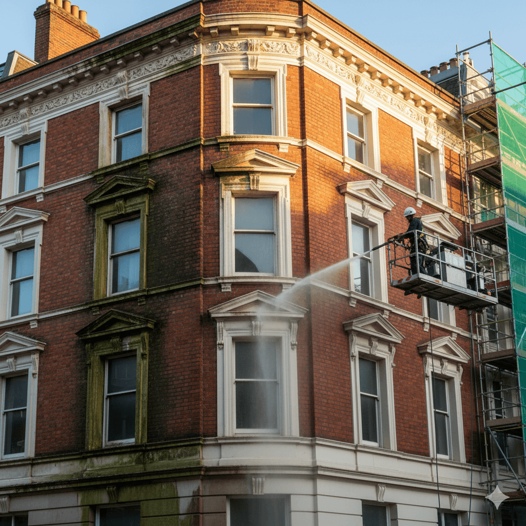 Fassadenreinigung an rotem Backsteingebäude, Reinigungskraft beseitigt Schmutz und Moosablagerungen mit Hochdruckreiniger.