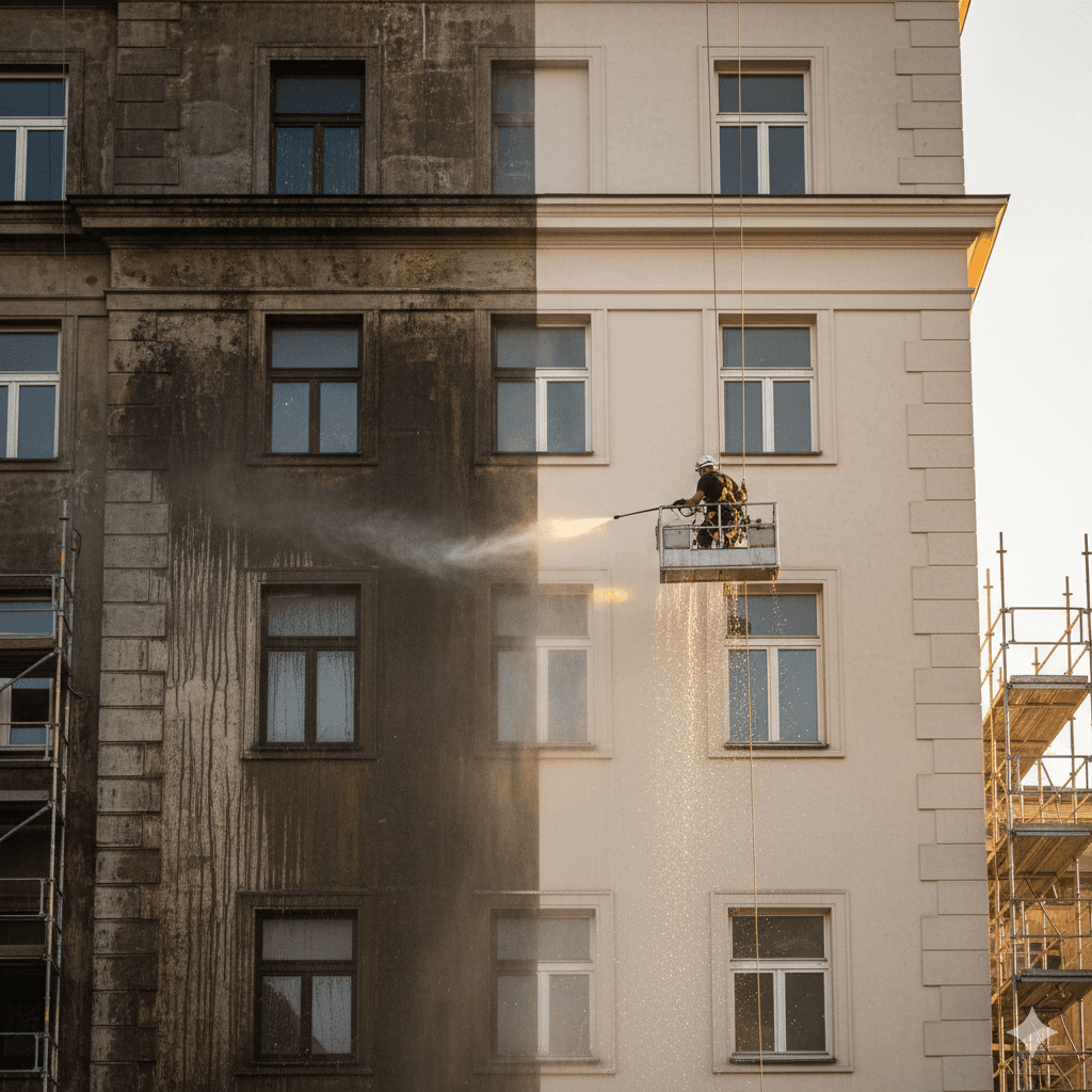 Reinigungskraft entfernt hartnäckigen Schmutz an Wohnhausfassade, deutlicher Unterschied zwischen gereinigtem und verschmutztem Bereich.