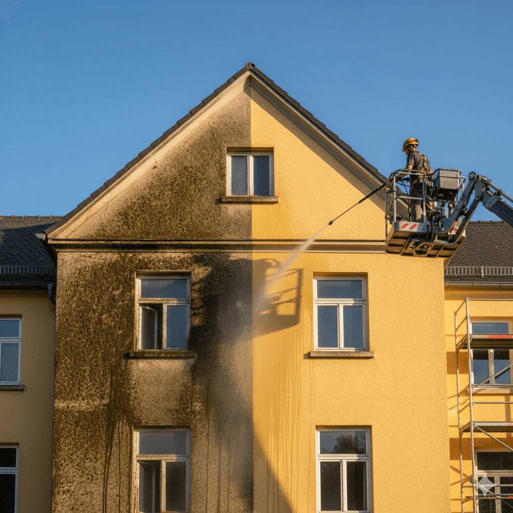 Gebäudereiniger säubert gelbe Hausfassade mit Hochdruckreiniger, Entfernung von Algen und Schmutz für frisches Erscheinungsbild.