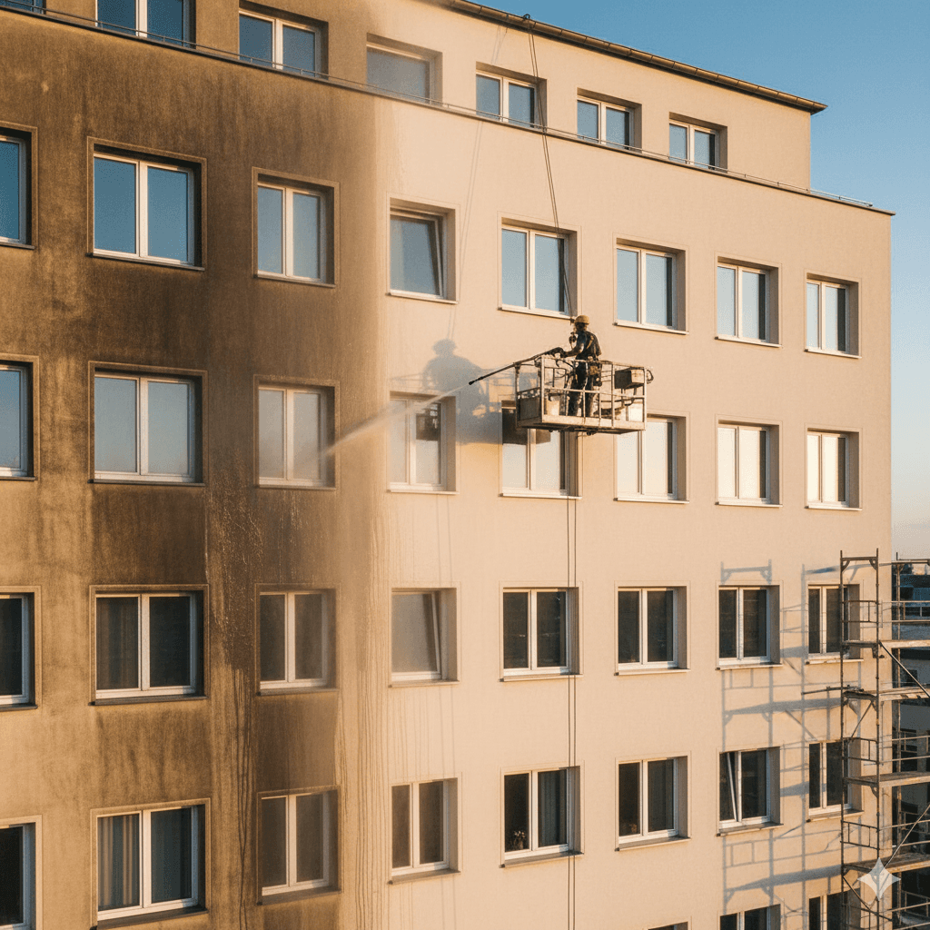 Professionelle Fassadenreinigung an Wohngebäude, Reinigungskraft arbeitet mit Hochdruckgerät zur Oberflächenpflege.