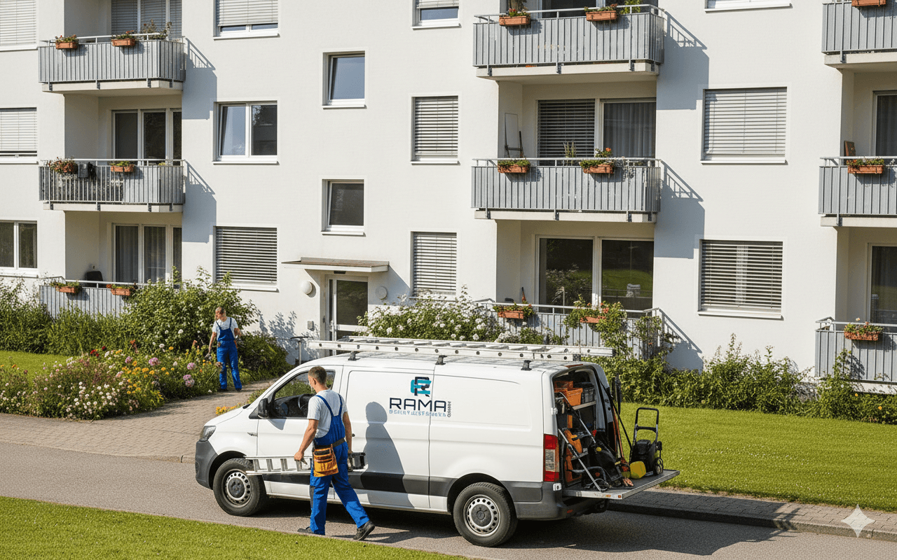 Hausmeisterservice bei Wohngebäude, Team von Rama Dienstleistungen lädt Werkzeuge aus Servicefahrzeug für Instandhaltungsarbeiten.