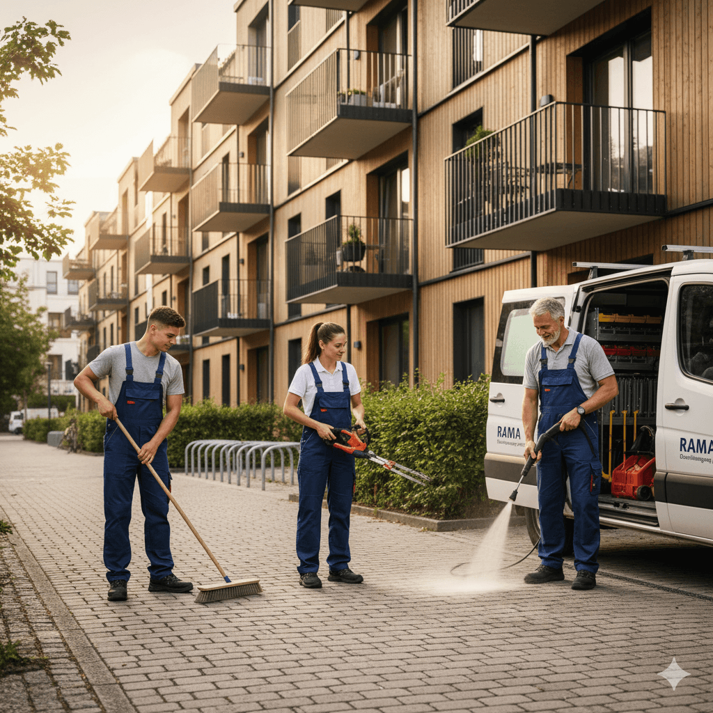 Professioneller Hausmeisterservice reinigt Gehwege und Außenflächen vor Wohnhäusern, Team nutzt Kehrmaschinen und Werkzeuge.