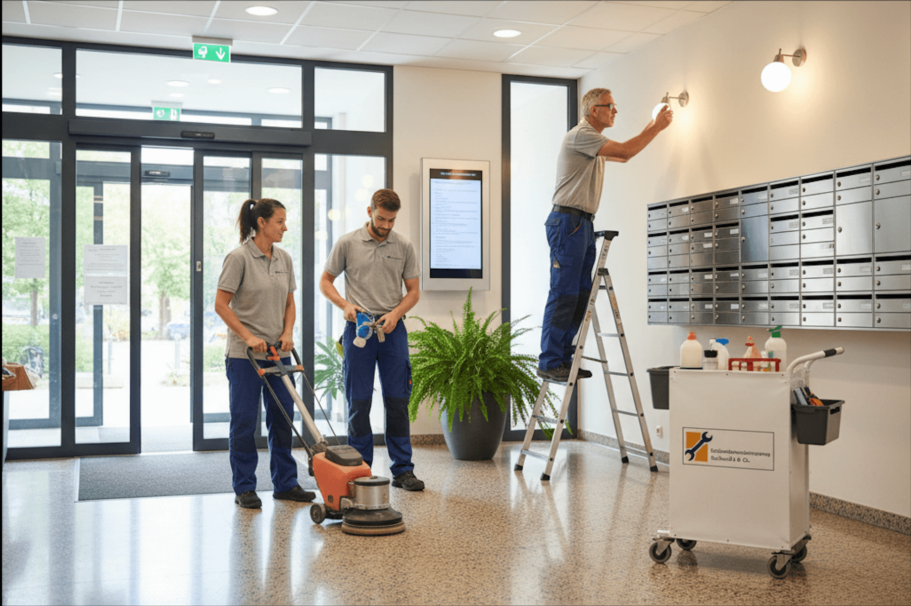 Hausmeister überprüft Beleuchtung und führt kleine Reparaturen im Treppenhaus durch, Gebäudeservice von Rama Dienstleistungen.