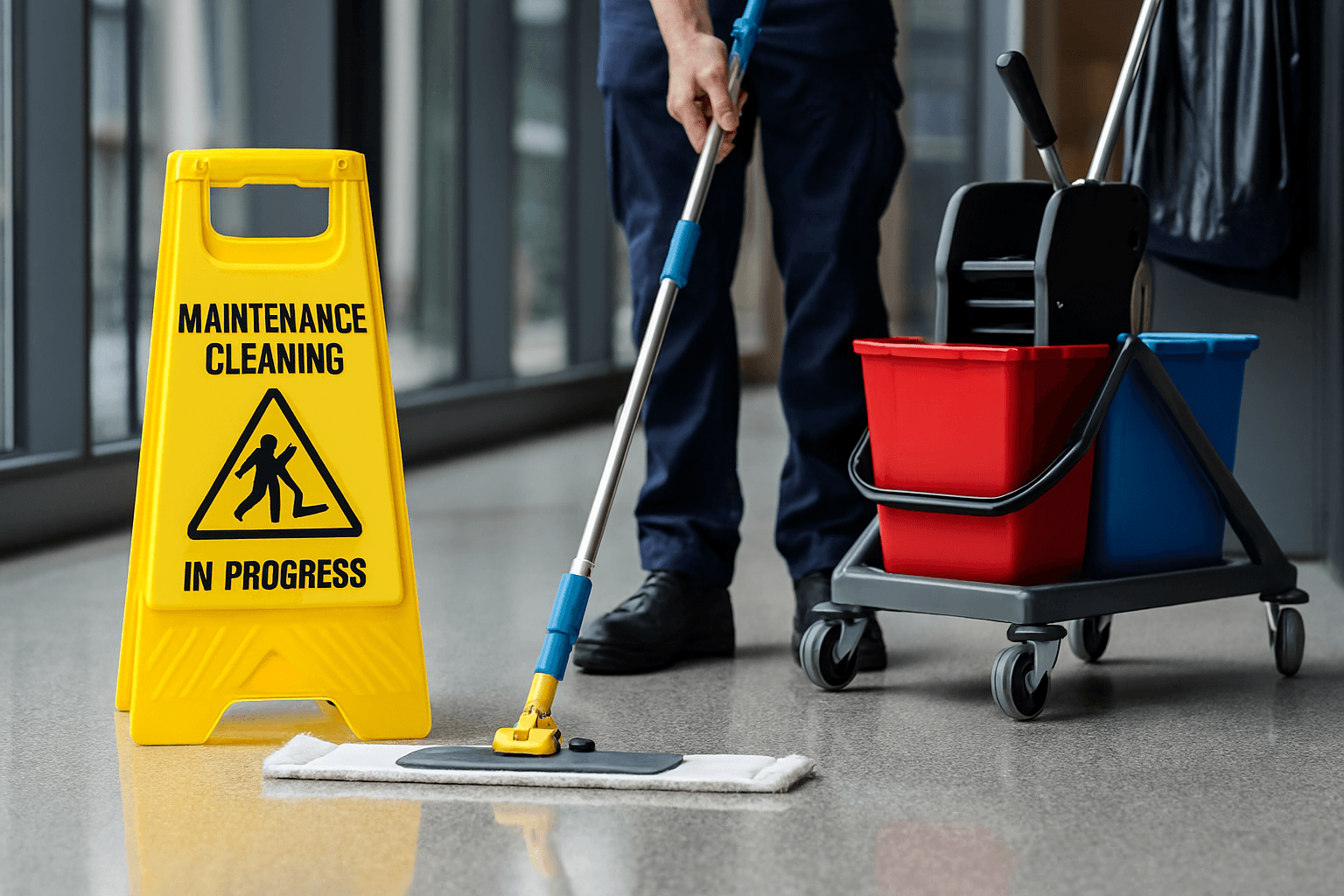 Unterhaltsreinigung in Bürogebäude – professionelle Reinigungskraft pflegt Böden und Arbeitsplätze.