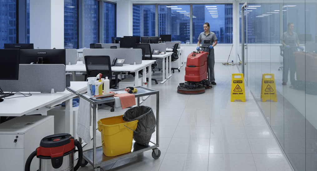 Unterhaltsreinigung in modernem Bürogebäude – Reinigungskraft mit Reinigungsmaschine pflegt glänzende Böden für saubere Arbeitsplätze.