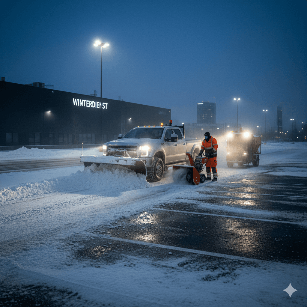 Winterdienst durch RAMA Dienstleistungen – Reinigungsteam räumt Schnee und streut Gehwege für sichere Zufahrten im Winter.