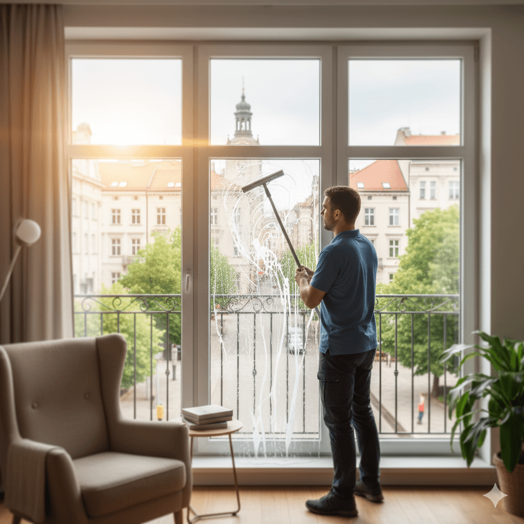 Fensterreinigung in Wohnung mit Blick auf Stadtzentrum, Reinigungskraft reinigt Glasflächen mit professionellem Werkzeug.