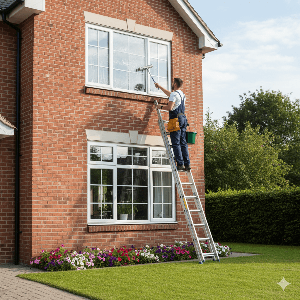 Fensterreiniger auf Leiter säubert Außenfenster eines Hauses, professionelle Glasreinigung für klare Sicht und Glanz.