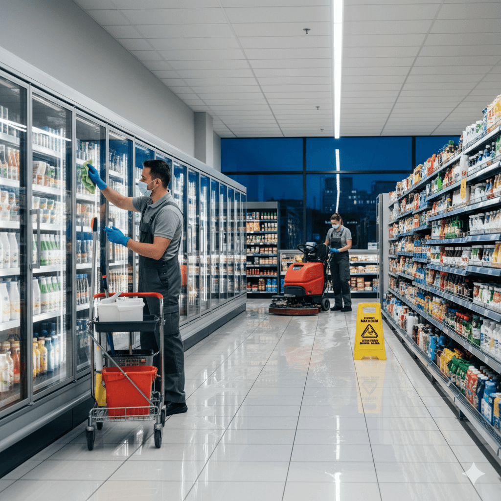 Reinigungspersonal bei der Unterhaltsreinigung im Supermarkt, Pflege und Desinfektion von Regalen und Bodenflächen.