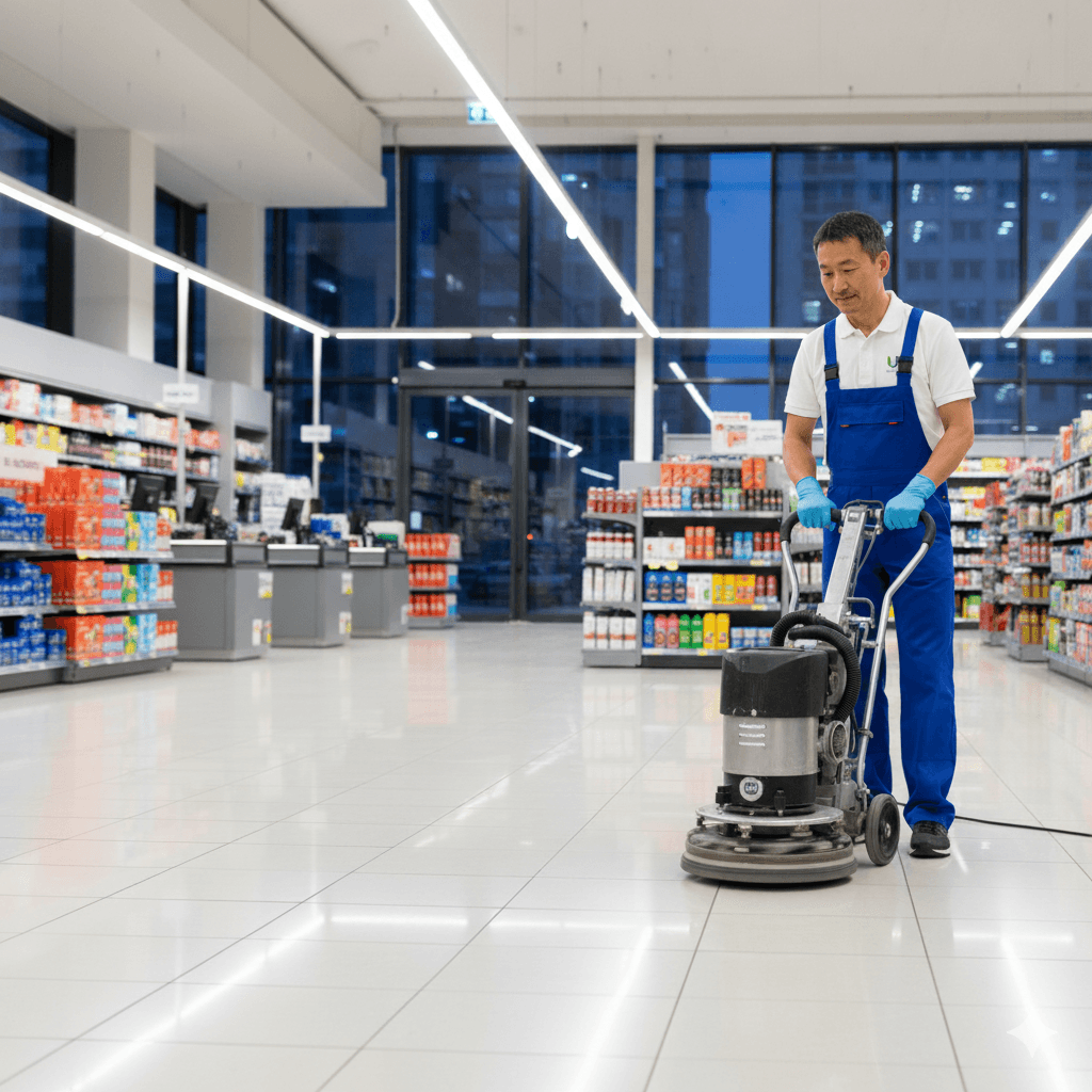 Bodenreinigung in Supermarkt durch professionelle Reinigungsfirma, Reinigungskraft nutzt Scheuersaugmaschine.