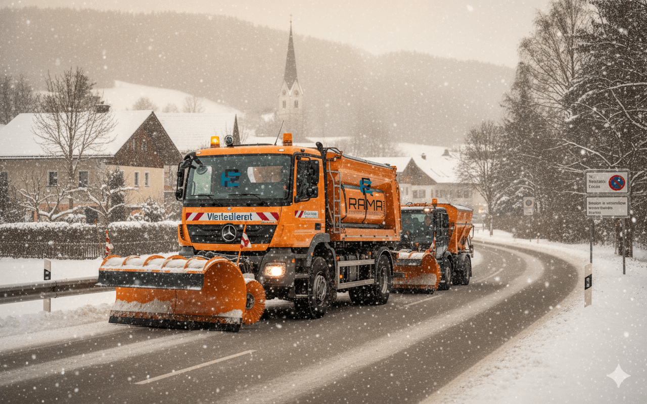 Winterdienst-Fahrzeug von Rama Dienstleistungen räumt verschneite Straßen in Wohngebiet, professioneller Schneeräumdienst.