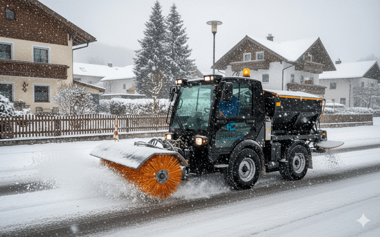 Kompaktes Räumfahrzeug mit rotierender Schneebürste entfernt Schnee und Eis auf Gehwegen in Winterlandschaft.