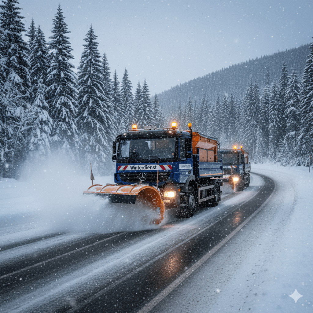 Schneeräumfahrzeuge auf Landstraße in den Bergen, Winterdienst sorgt für freie Straßen bei starkem Schneefall.