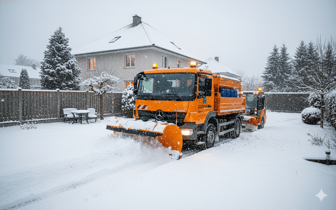 Räumfahrzeug von Rama Dienstleistungen im Einsatz vor Einfamilienhaus, Schneeschieben und Streuen von Gehwegen.